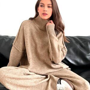 HEATHER KHAKI OVERSIZED MOCK TURTLENECK AND SWEATER PANTS INSIDE OUT KNIT SET